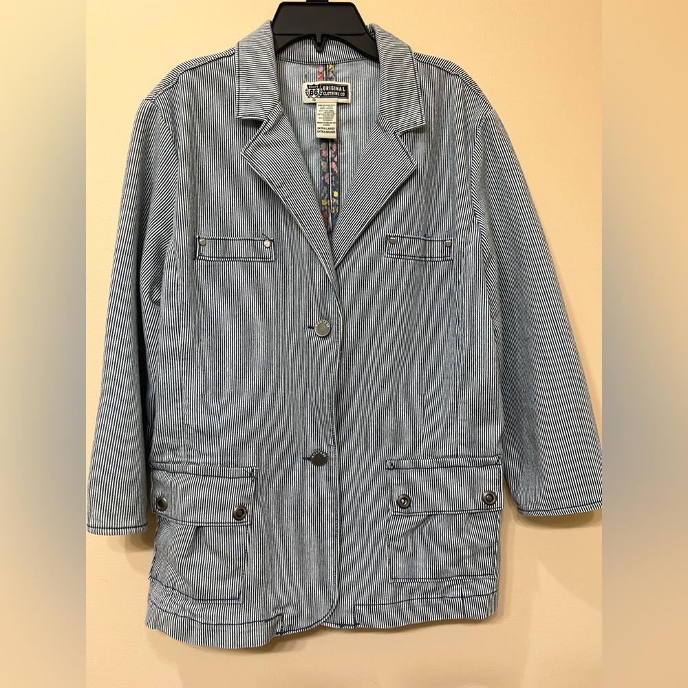 Route 66, denim tunic jacket, extra large, navy $ white stripes. Used once.